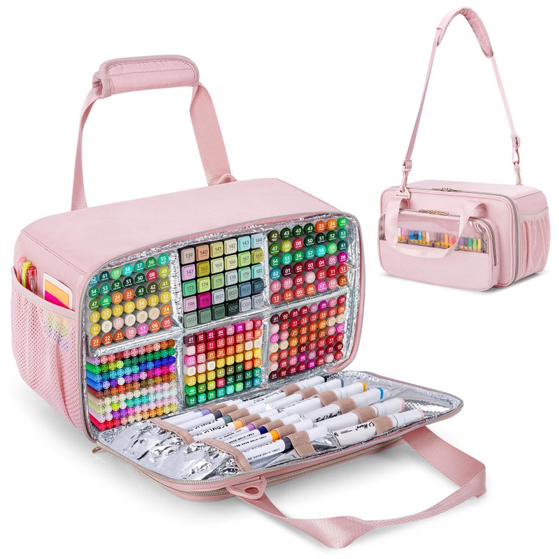 Prokva Marker Organizer Case Holding up to 216 Markers, Marker Storage Carrying Bag, Large Marker Holder with Shoulder Strap, Pink - Image 1